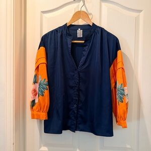 Teal Satin Blouse with Floral Sleeves